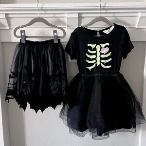 H&M Halloween Bundle: Skeleton Tulle Dress + Bat Skirt, Size 4-6